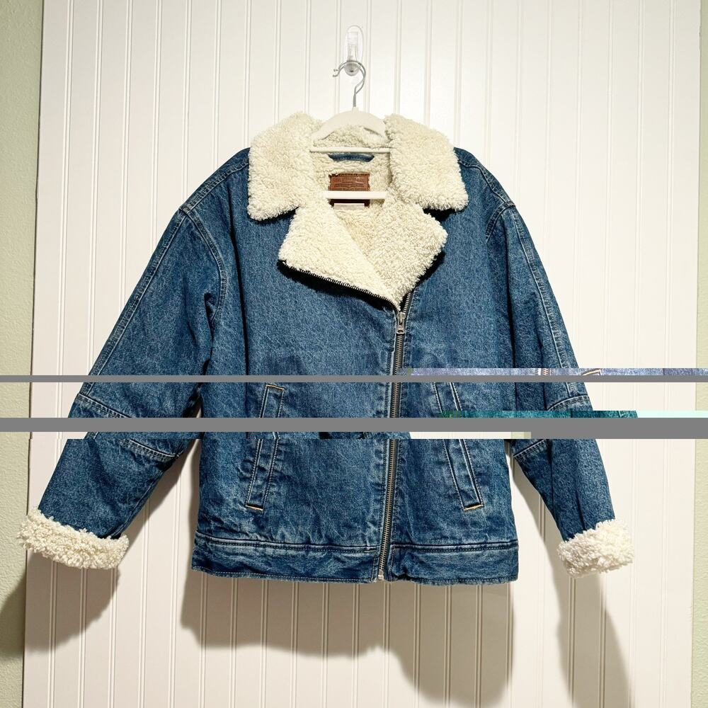 Levis Premium Denim Sherpa Flight Jacket Size Medium - Picture 2 of 8